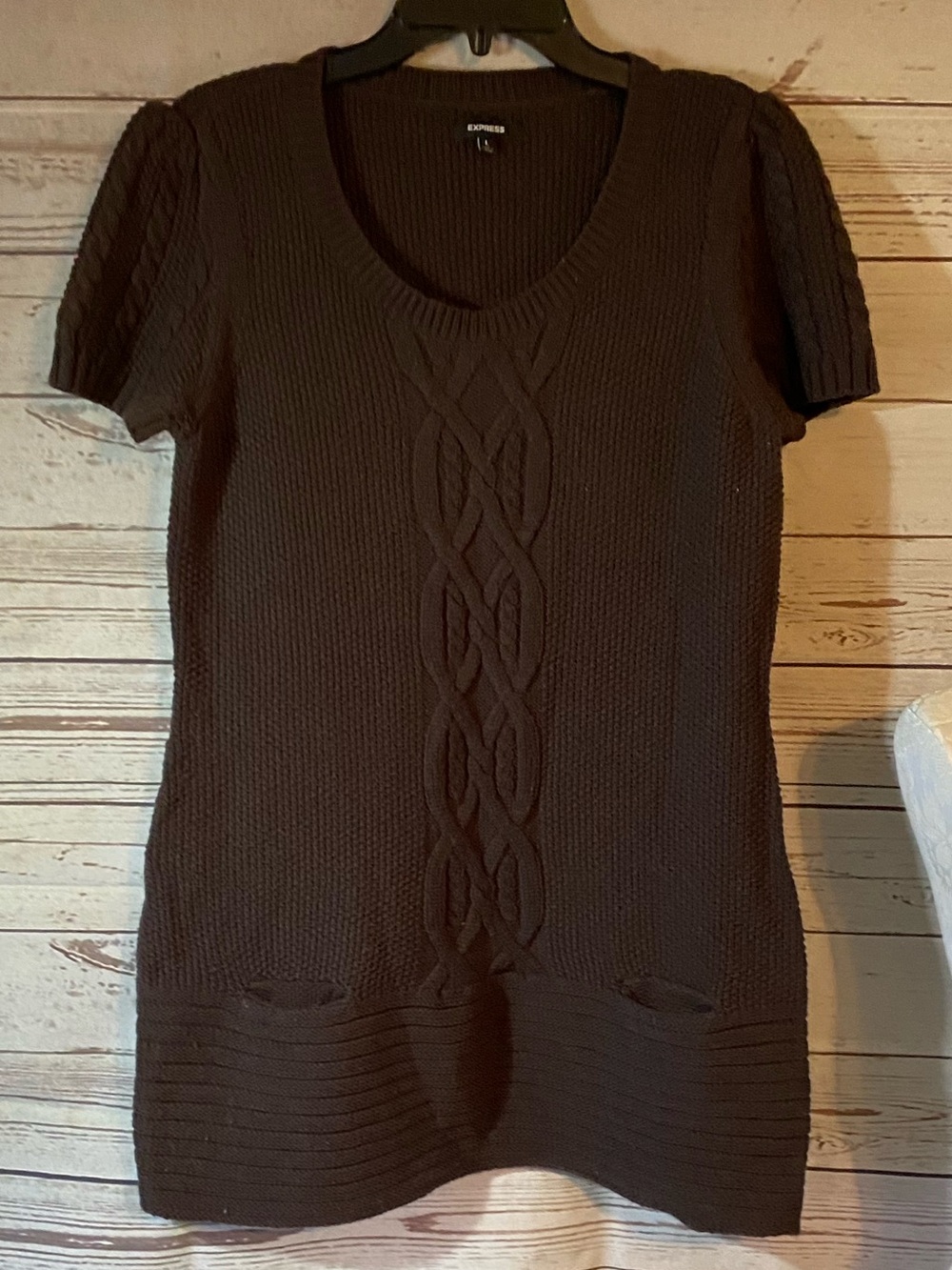 Express Brown Short-Sleeve Cable Knit Tunic Sweater